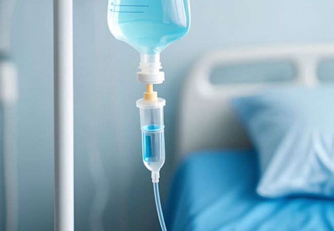 Инфузионный мешок с ярко-голубой жидкостью и чёткой градуировкой висит на белой стойке